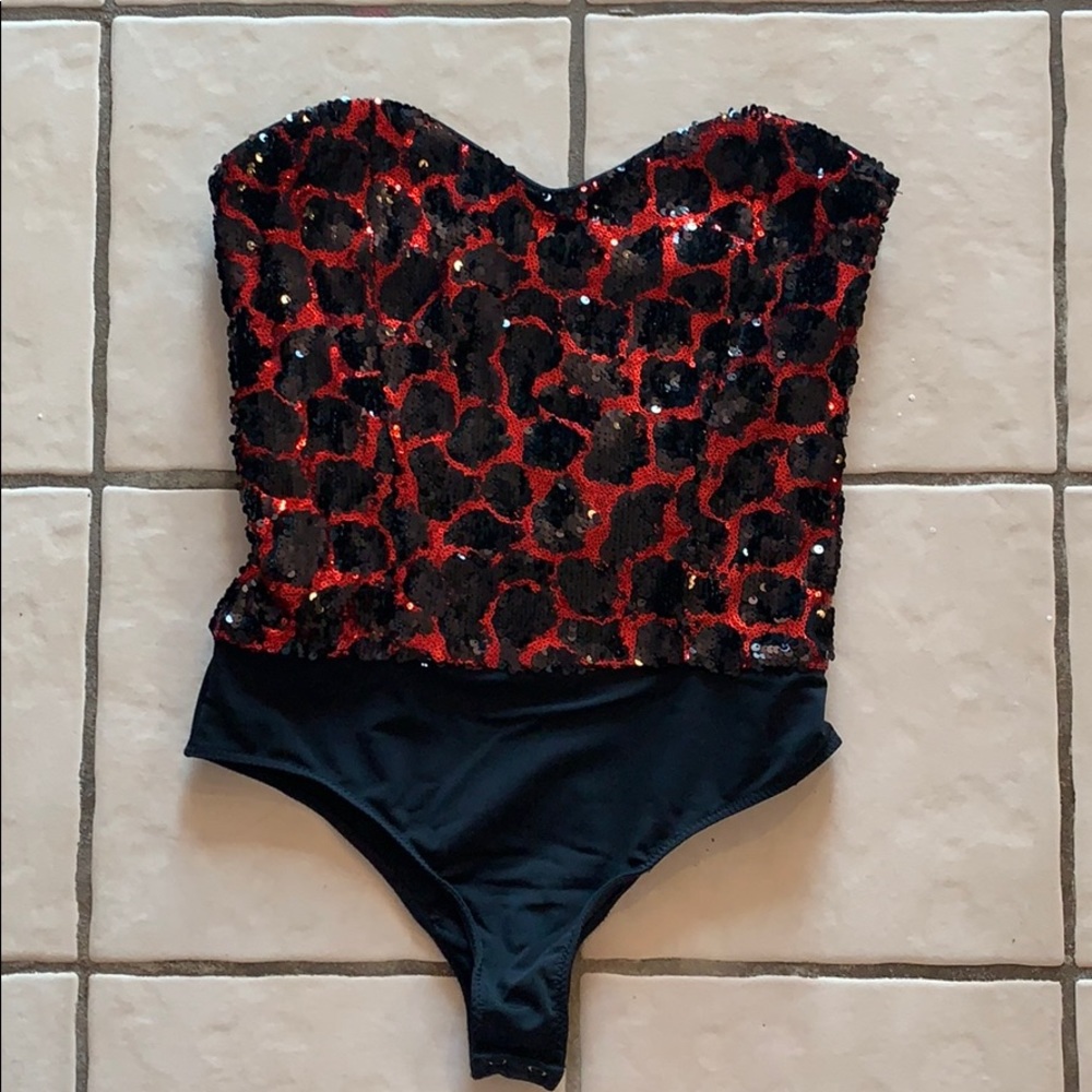 NBD Sequined strapless bodysuit red and black